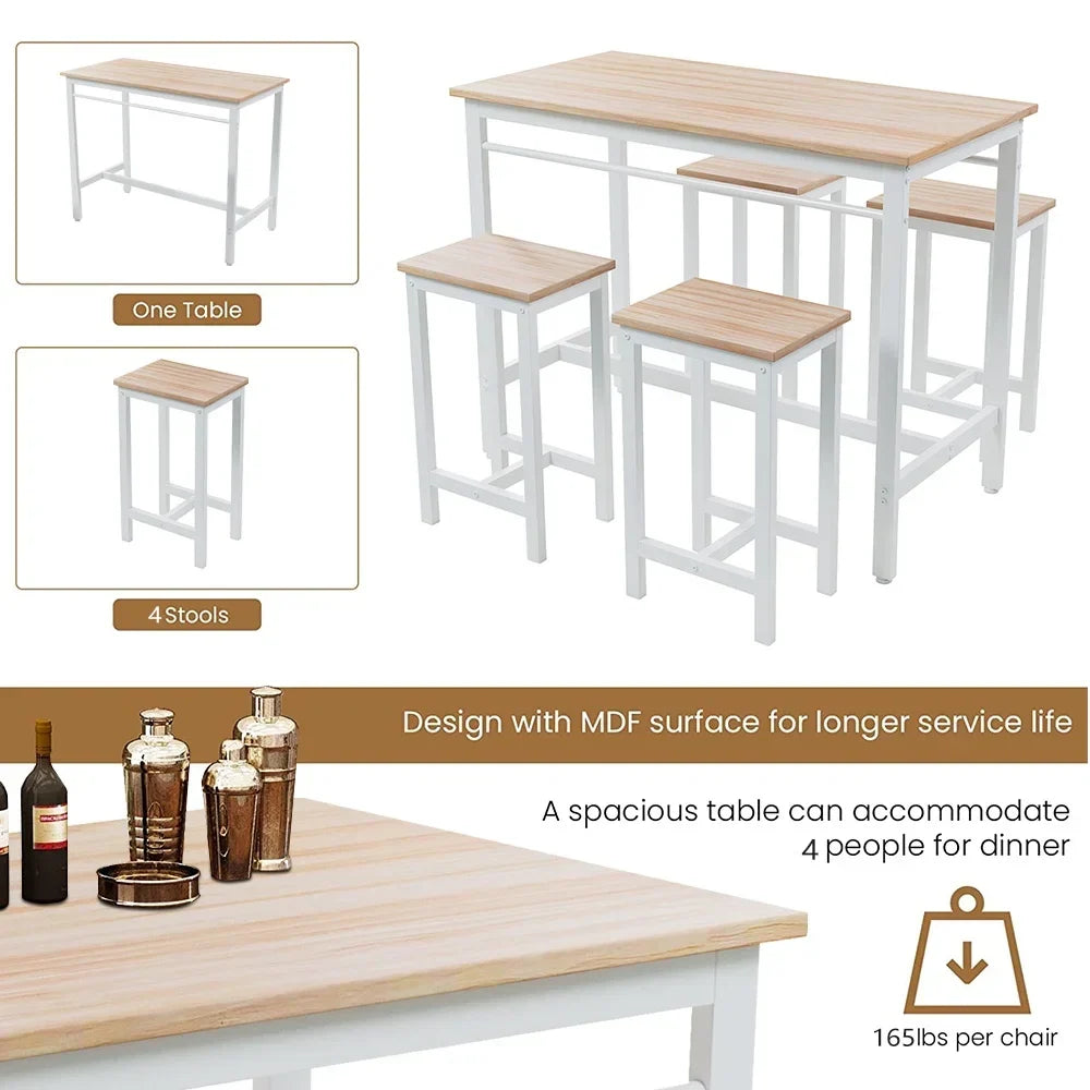 Nouveauté 2026 – Ensemble de table haute 5 places , table de bar et tabourets assortis, table à manger minimaliste avec tabourets sans dossier, ensemble table et chaises de bar avec plateau en bois pour cuisine, appartement ou bistrot - Gain de place