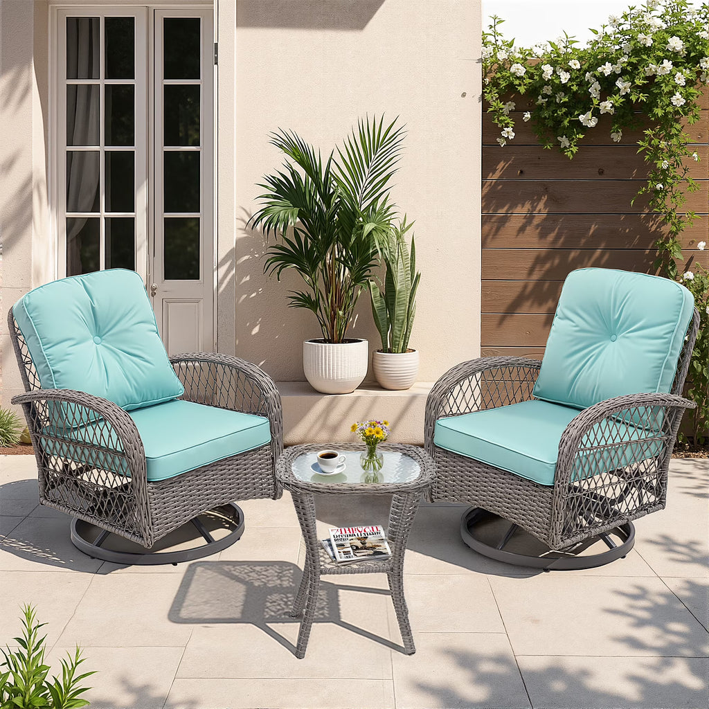 Nouveauté 2026 – Ensemble de 3 fauteuils à bascule pivotants pour patio, 2 fauteuils à bascule pivotants à 360 degrés et 1 table basse en verre, ensemble bistro d'extérieur en rotin PE avec coussins pour balcon, terrasse, piscine, jardin ou véranda