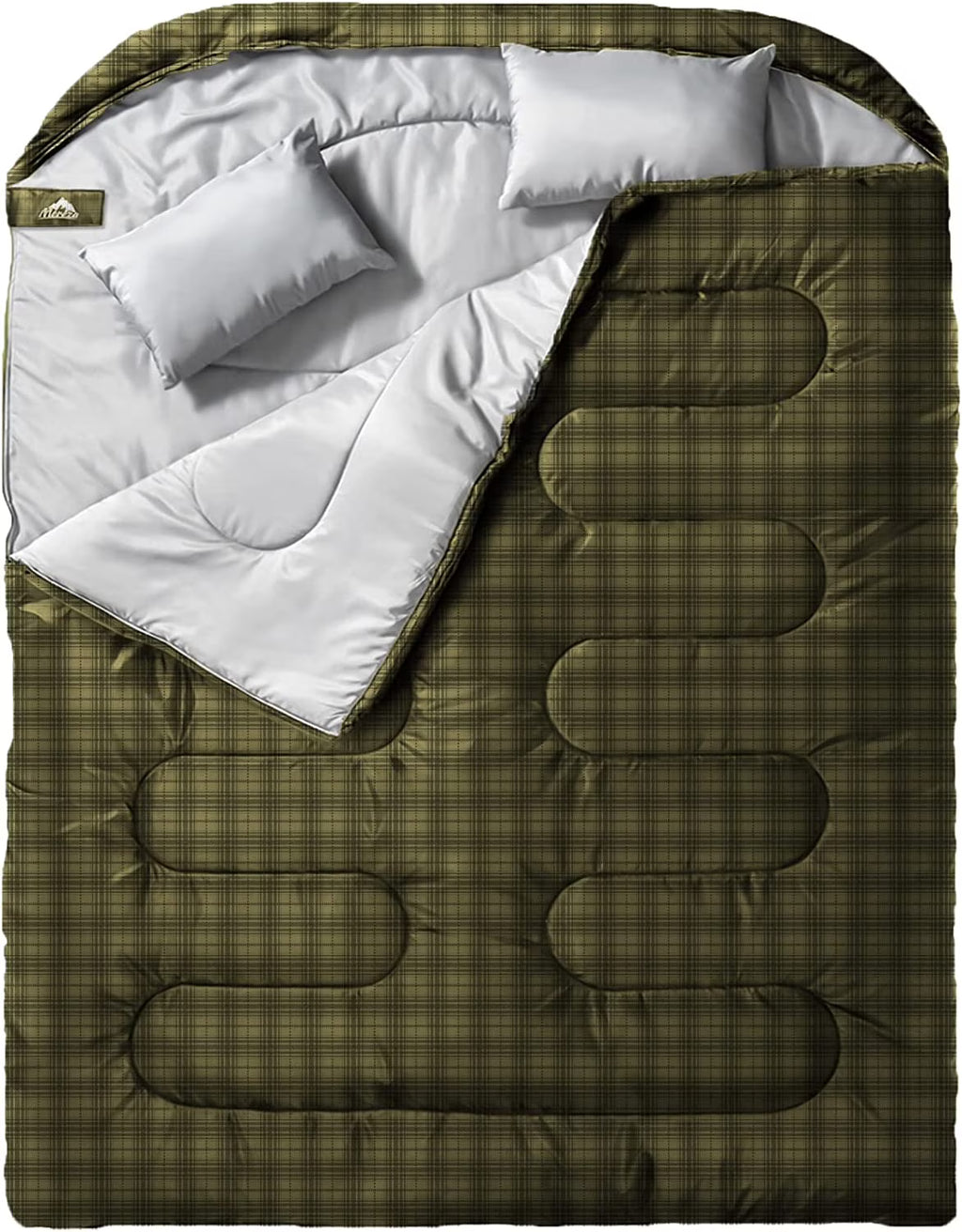 Nouveauté 2026 – Sac de couchage double pour adultes (hommes) avec oreiller, taille XL/Queen, idéal pour le camping, la randonnée et le trekking toutes saisons, par temps froid et chaud