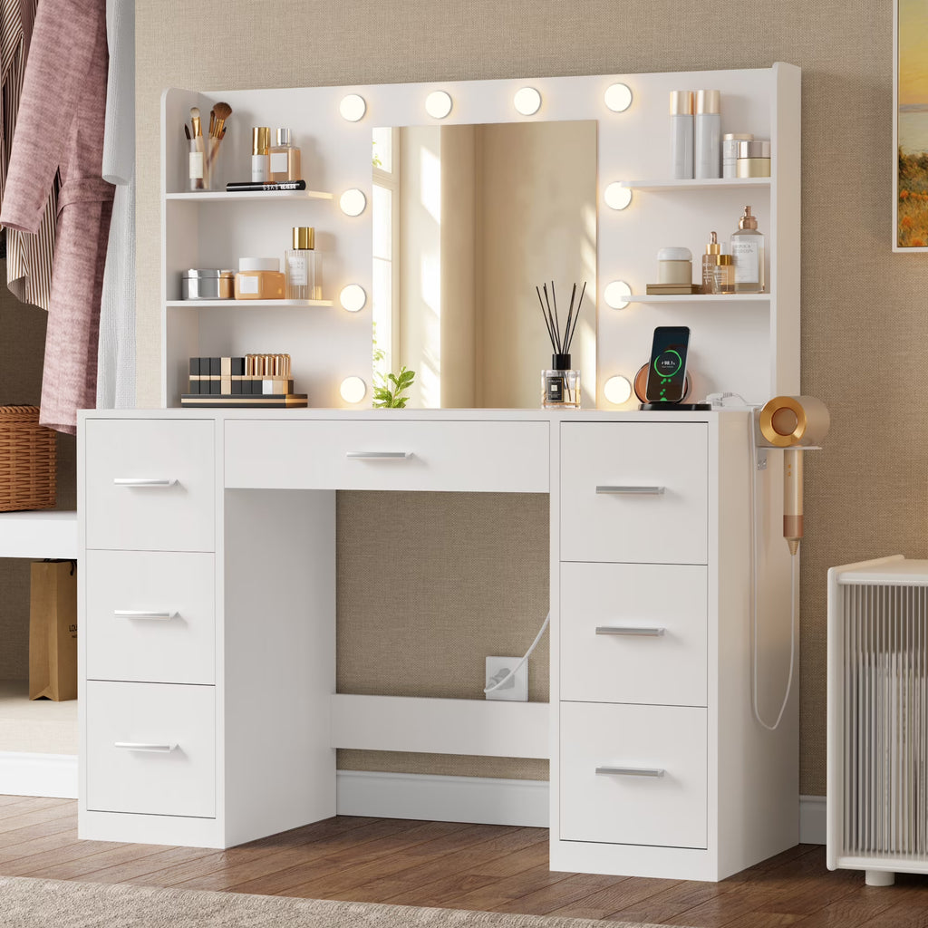 Nouveauté 2026 – Coiffeuse Lacoo avec miroir et éclairage LED, meuble de maquillage avec 7 tiroirs et 4 étagères, table de toilette avec prise électrique pour chambre ou dressing, blanche