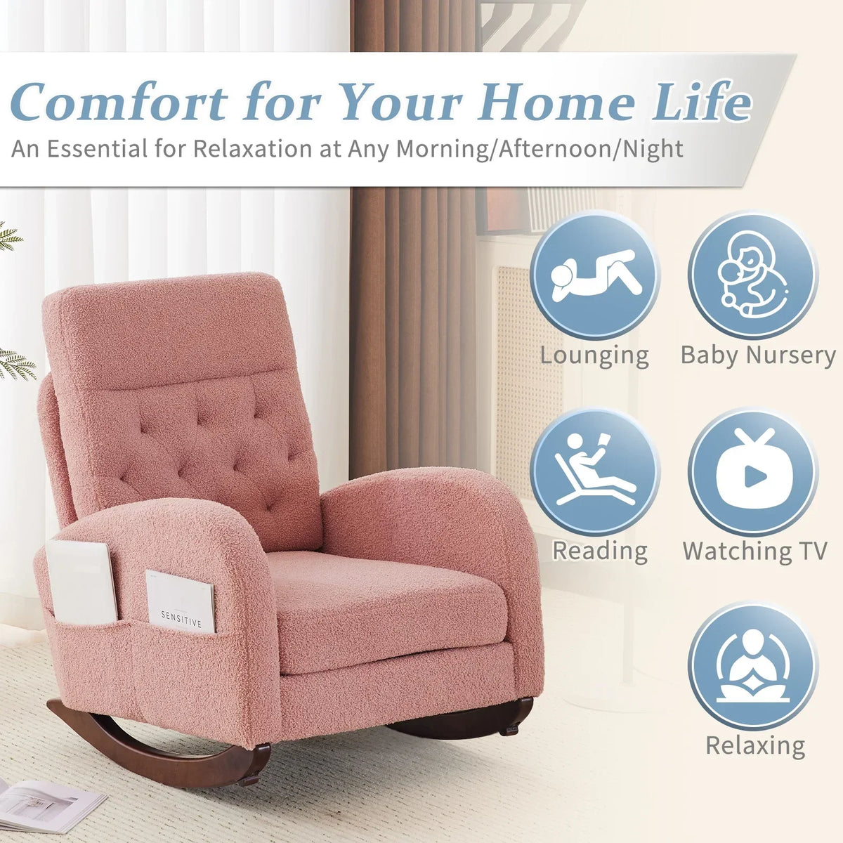 Nouveauté 2026 – Fauteuil à bascule Ktaxon , fauteuil de lecture inclinable, confortable, revêtu de velours peluche, canapé à bascule une place, beige, idéal pour le salon, la chambre d'enfant ou la chambre à coucher