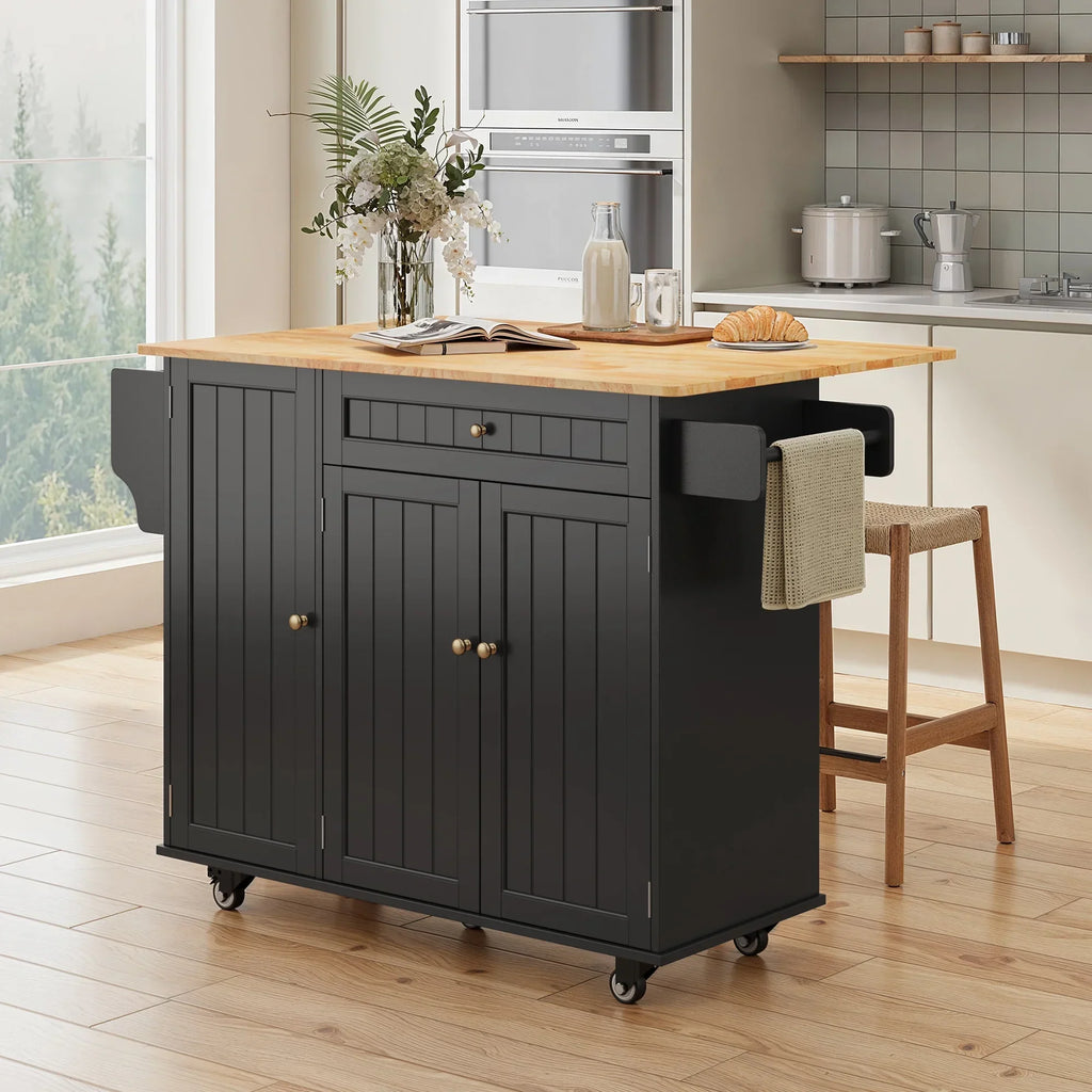 Nouveauté 2026 – Îlot de cuisine Noelse avec rangements, table d'appoint rabattable, porte-épices et porte-serviettes pour petites cuisines, blanc