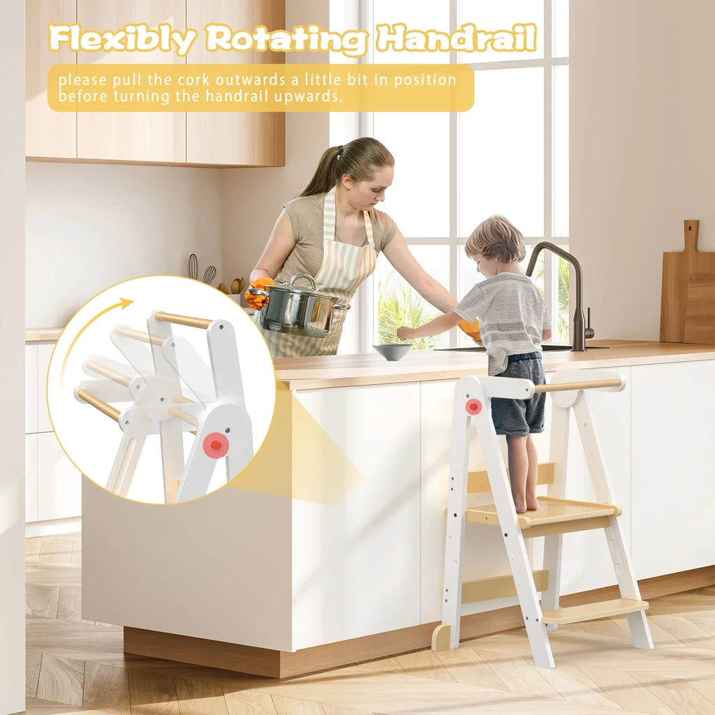 Nouveauté 2026 – Marchepied de cuisine JOZ pour tout-petits, tabouret d'apprentissage Montessori, tour pliable pour le comptoir, aide à la station debout pour les enfants, 3 hauteurs réglables, en bois, blanc