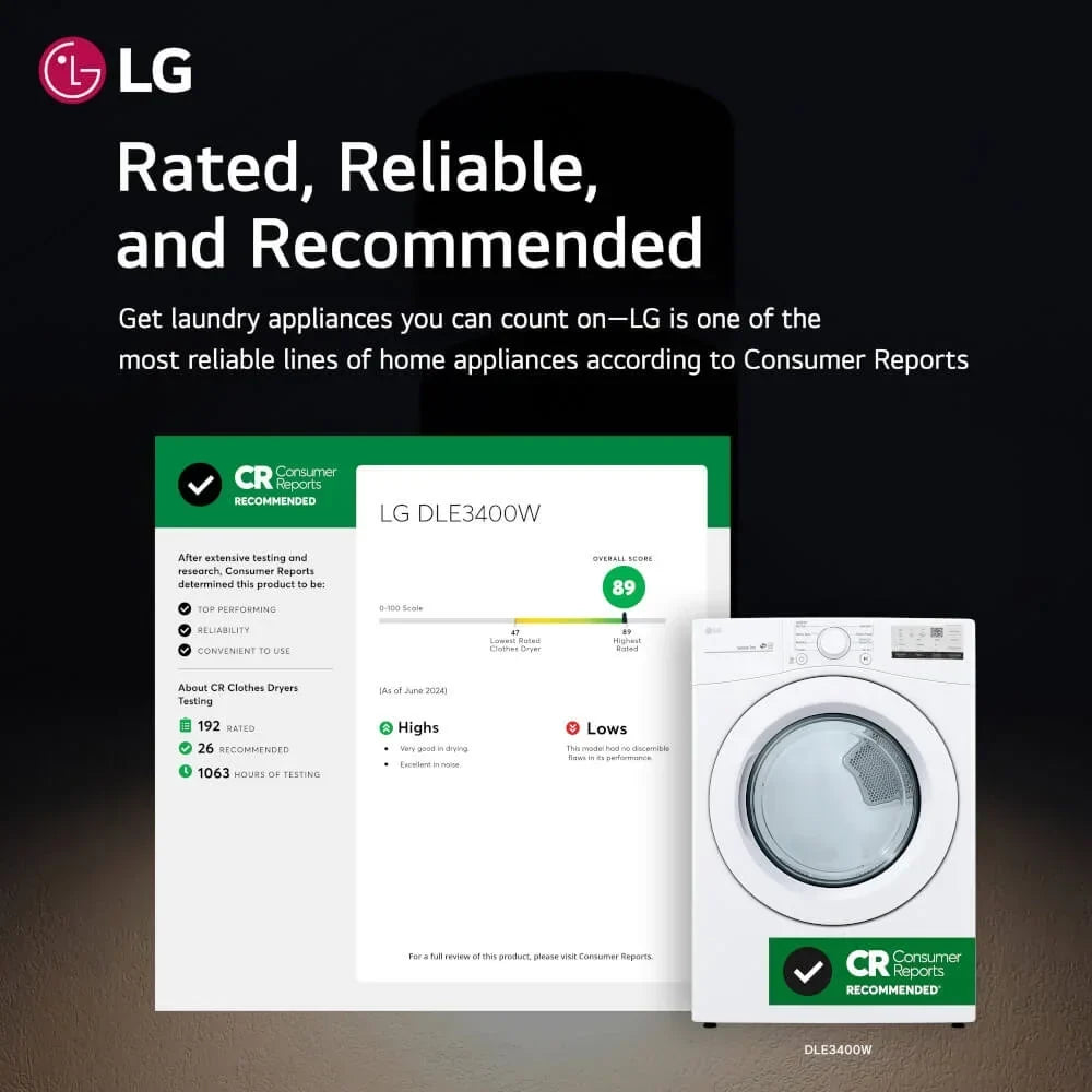 Nouveauté 2026 – Sèche-linge électrique à chargement frontal LG DLE3400W blanc, 7,4 pi³