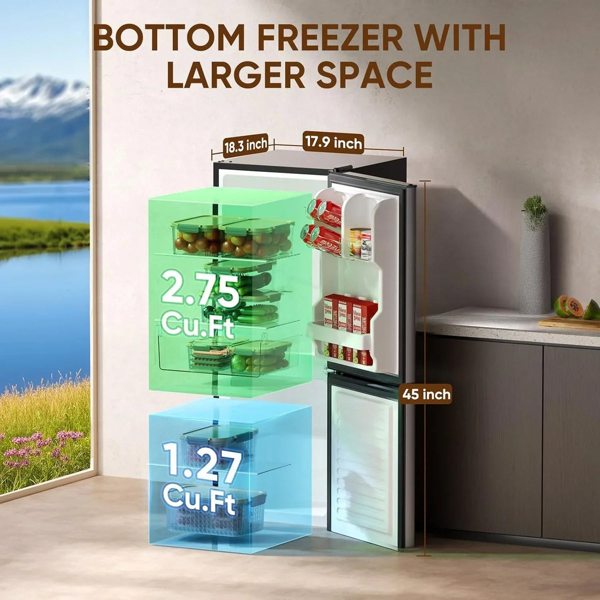 Nouveauté 2026 – Mini-réfrigérateur Upstreman 4 pi³ (113 L) avec congélateur inférieur, 2 portes, thermostat réglable et tablettes en verre amovibles, noir BM40