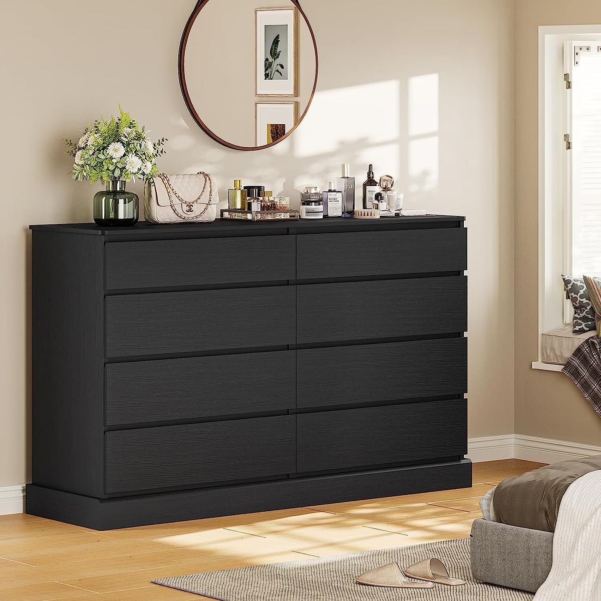 Nouveauté 2026 – Commode double à 8 tiroirs en bois noir, idéale pour la chambre à coucher ou le salon. Grand meuble de rangement pour la maison ou le salon