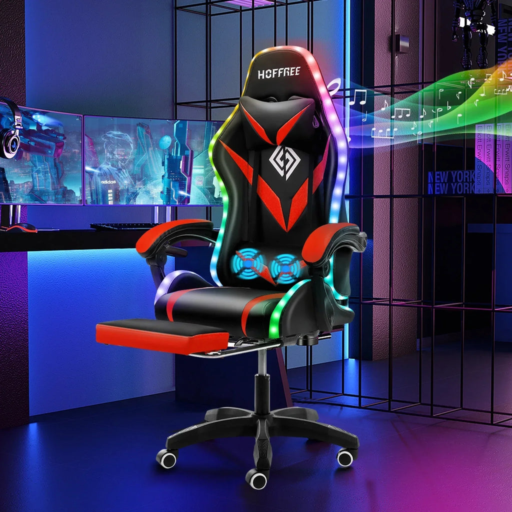 Nouveauté 2026 – Fauteuil de jeu Hoffree avec haut-parleurs intégrés, en cuir PU, repose-pieds et éclairage LED. Fauteuil ergonomique pour gamer avec massage, soutien lombaire et appui-tête pivotant et réglable. Idéal pour le télétravail et le bureau