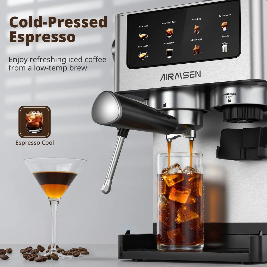 Nouveauté 2026 – Machine à expresso AIRMSEN avec broyeur intégré, permettant de personnaliser la mouture et le volume de café, idéale pour le cappuccino, le latte et l'americano. Finition en acier inoxydable brossé