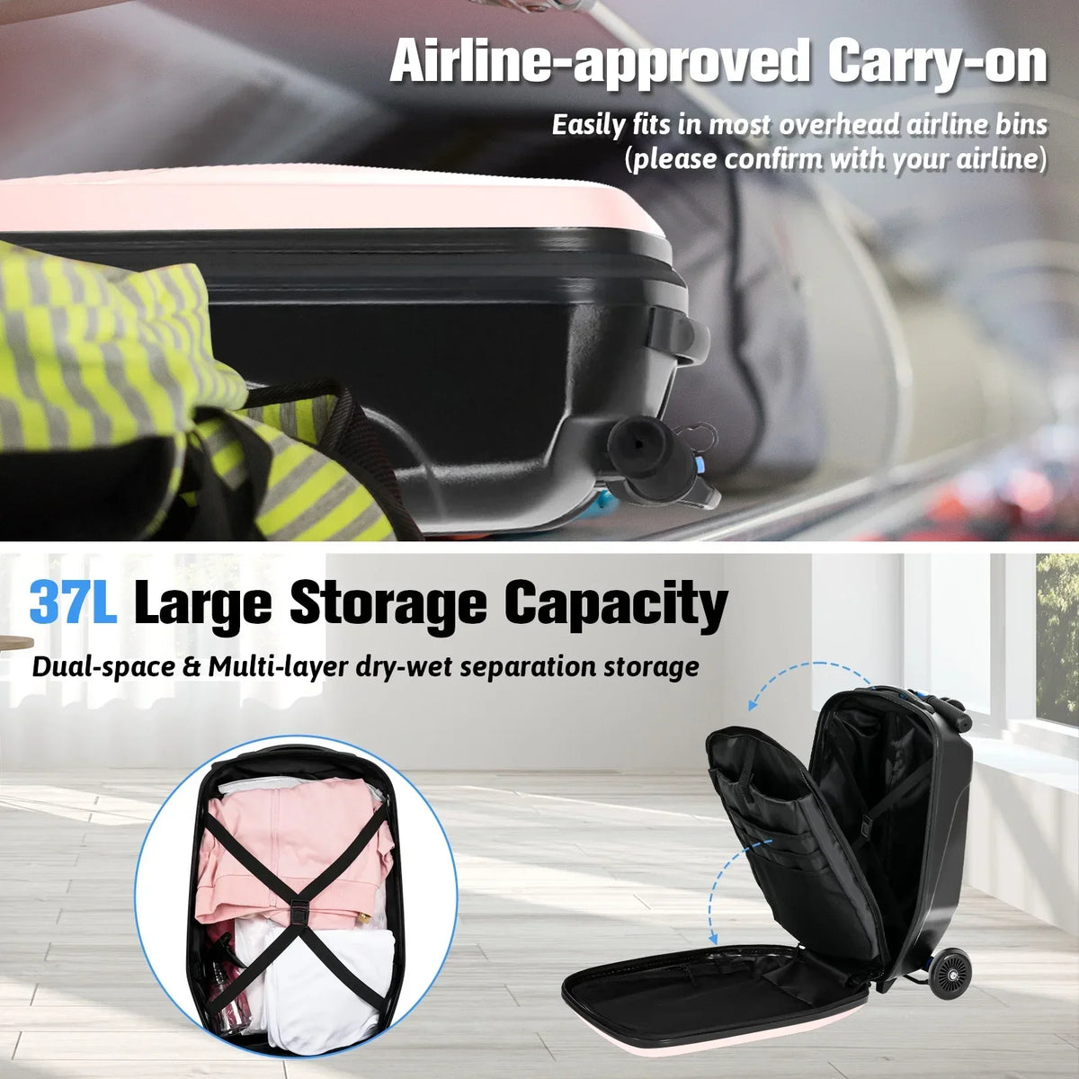 Nouveauté 2026 – Valise-trottinette Advwin pour enfants et adultes, valise rigide à roulettes pour enfants de 4 à 15 ans, multifonctionnelle, légère et pliable, avec roulettes, rose