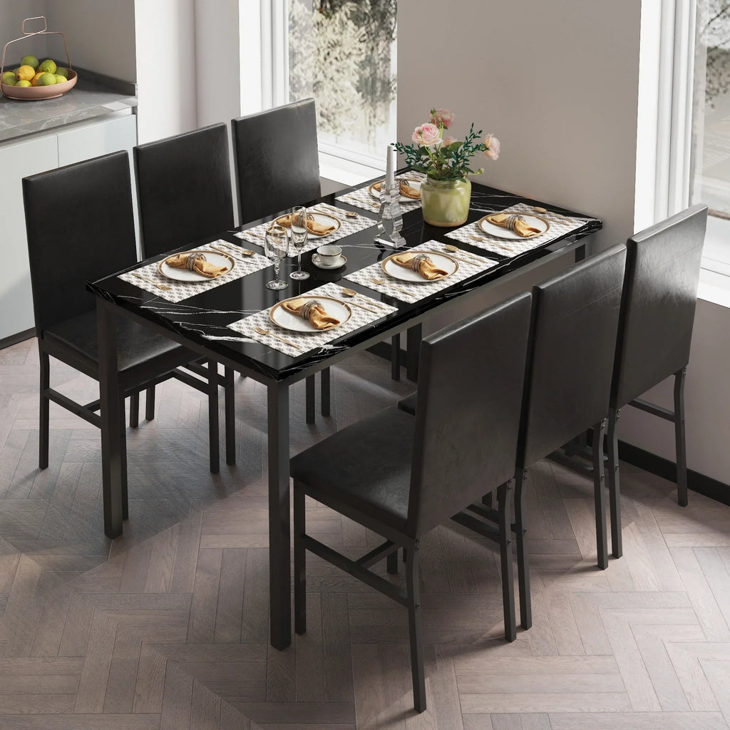 Nouveauté 2026 – Ensemble de salle à manger moderne avec table et 6 chaises rembourrées à dossier haut, idéal pour 6 personnes, petit espace cuisine, coin repas ou bar, B1470
