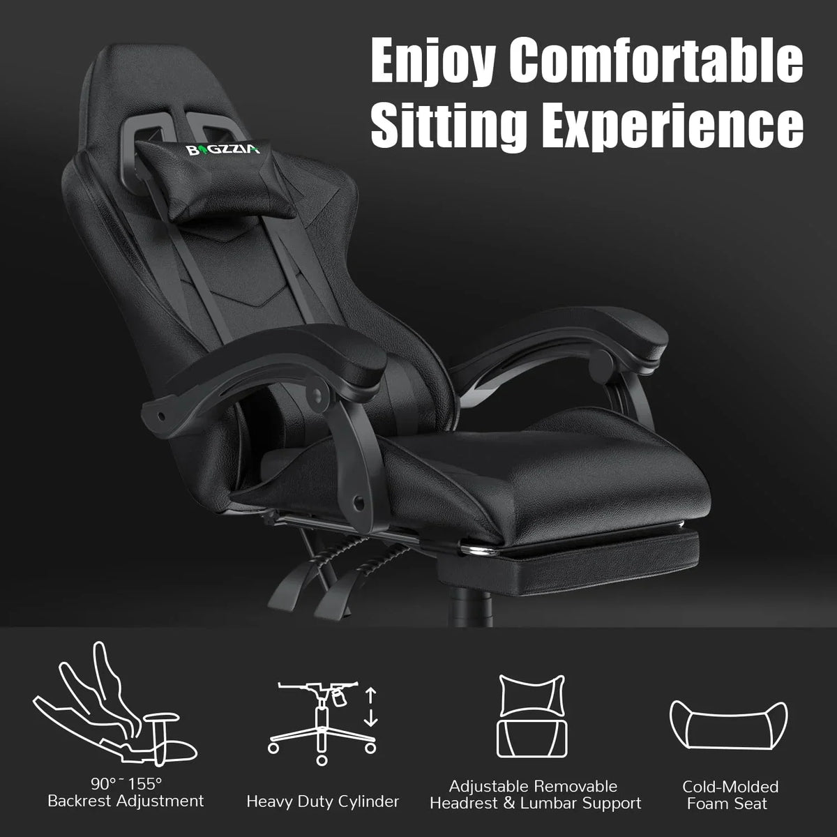 Nouveauté 2026 – Chaise de jeu Bigzzia , chaise de bureau ergonomique avec appui-tête et soutien lombaire réglables en hauteur, pour adultes et adolescents, noir et blanc