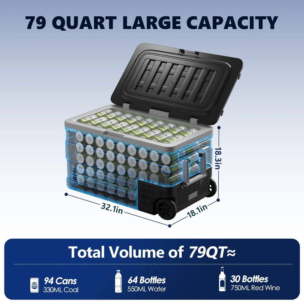 Nouveauté 2026 – Réfrigérateur de voiture Simzlife 12 volts, 75 L (80 QT), portable, avec roues, pour camping-car, température de 0 à 68 °F (18 à 20 °C), alimentation 12/24 V CC et 110-240 V CA, noir