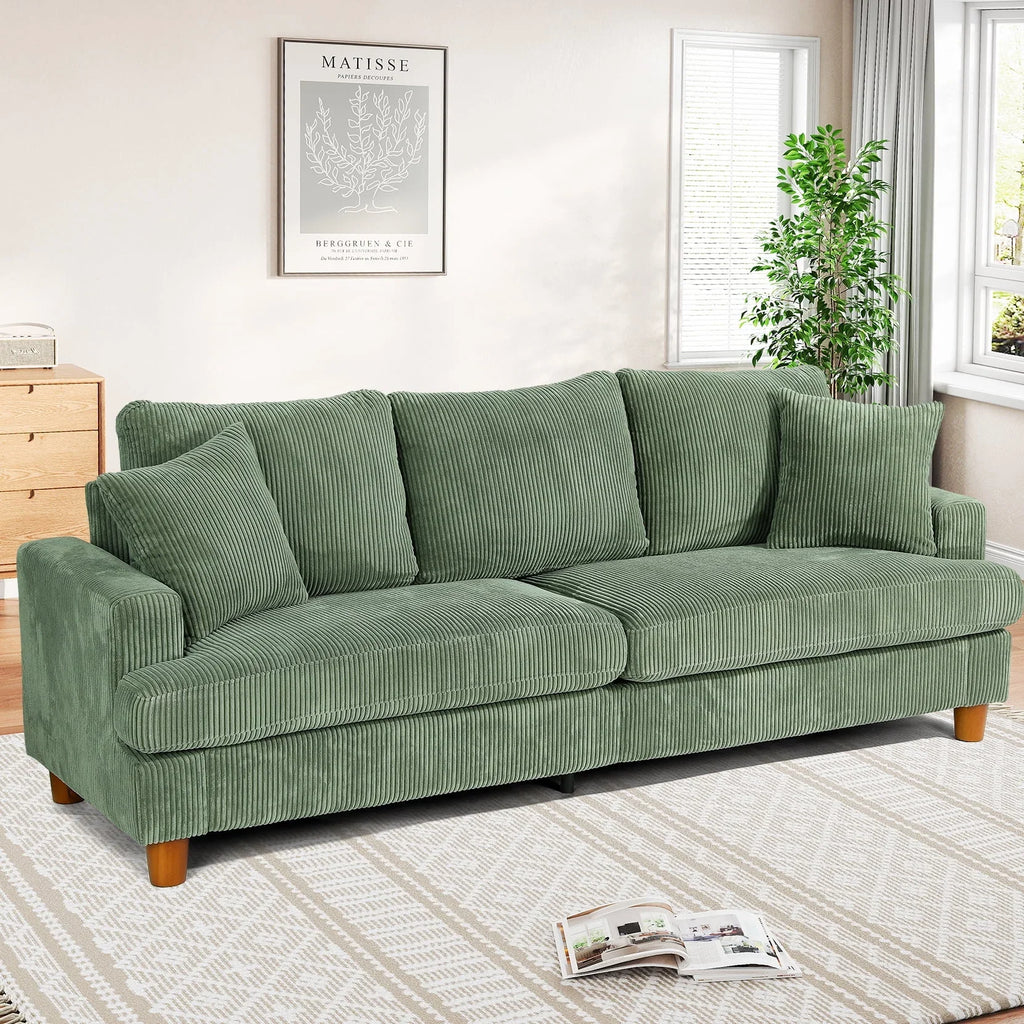 Nouveauté 2026 – Canapé 3 places en velours côtelé 221 cm (87 pouces), avec assises extra profondes, confortable et rembourré, idéal pour le salon. Comprend 2 coussins et est disponible en vert
