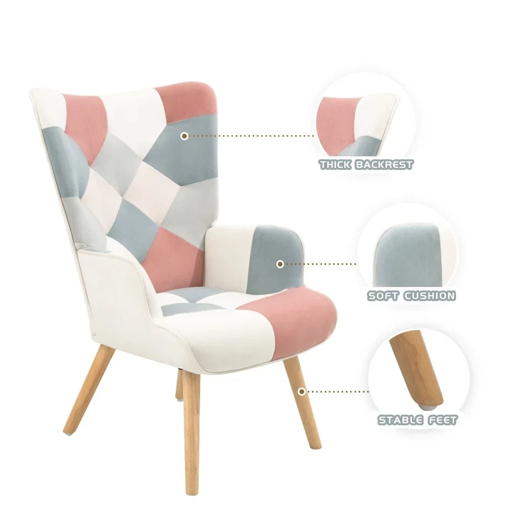 Nouveauté 2026 – Fauteuil d'appoint moderne avec pieds en bois massif et dossier haut à oreilles, ensemble de fauteuil avec repose-pieds, fauteuil confortable pour salon, salle de lecture, chambre, patchwork coloré
