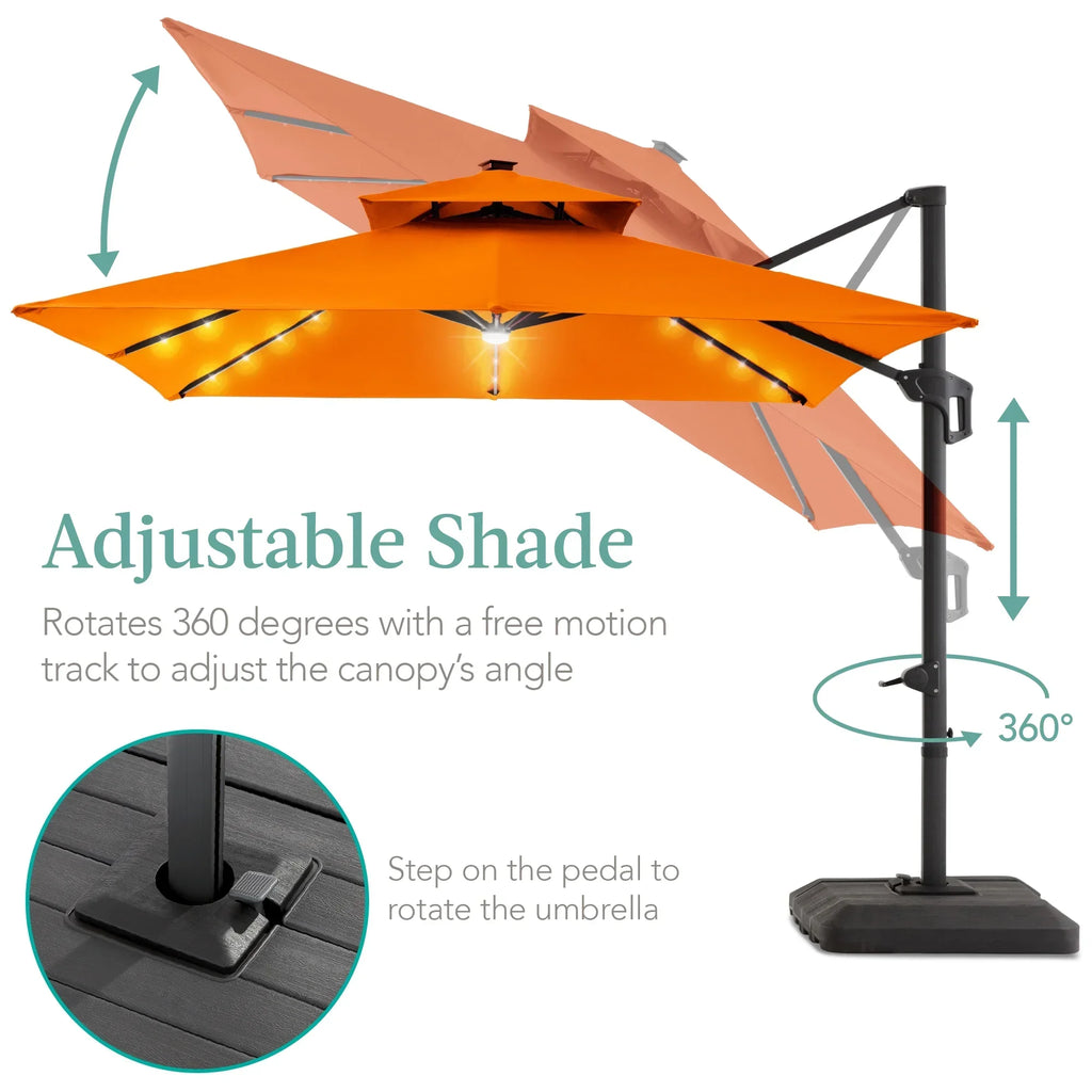 Nouveauté 2026 – Parasol de terrasse carré déporté à deux niveaux, 3 x 3 m, à éclairage solaire LED, avec base incluse (Best Choice Products, ) - Beige