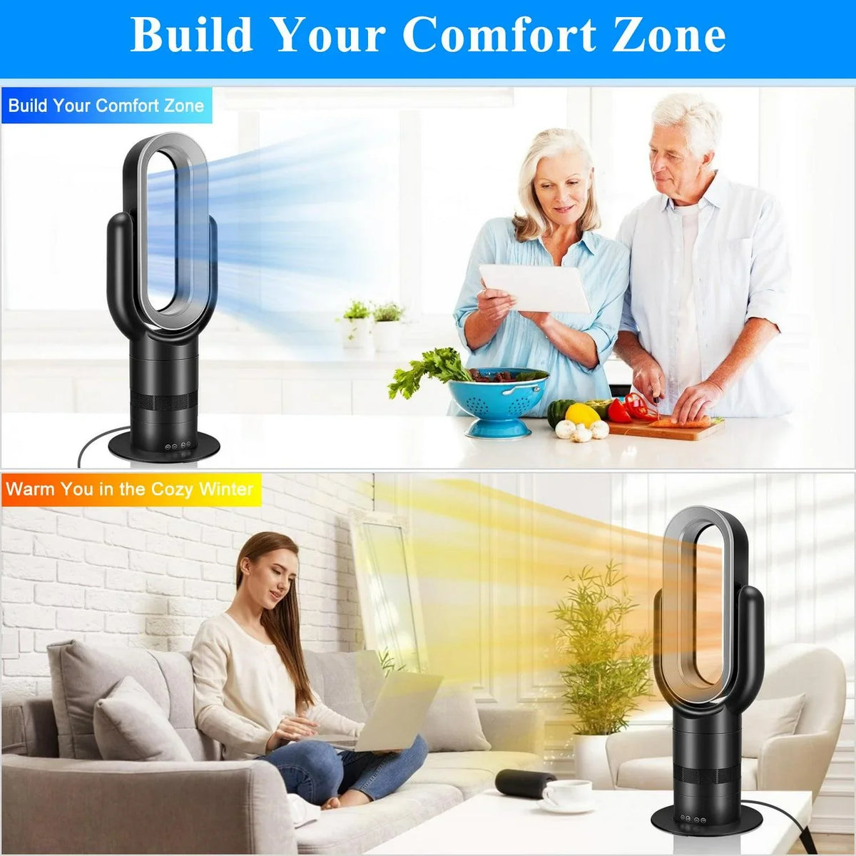 Nouveauté 2026 – Ventilateur tour sans pales Dubbin (66 cm). Chauffage et refroidissement combinés. Télécommande incluse. Noir