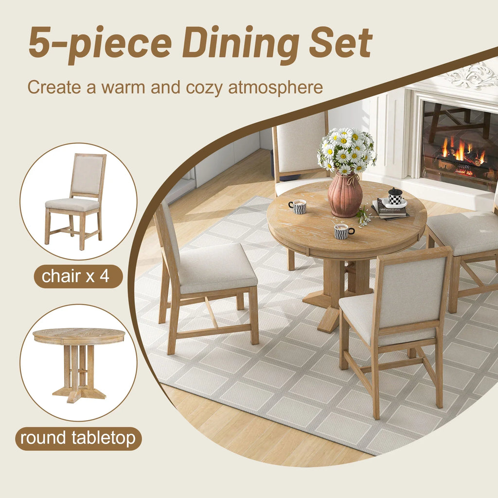Nouveauté 2026 – Ensemble de salle à manger rond 5 pièces , comprenant une table extensible et 4 chaises rembourrées, en bois, pour 4 personnes. Style campagnard, idéal pour la cuisine, la salle à manger ou un appartement. Couleur : marron