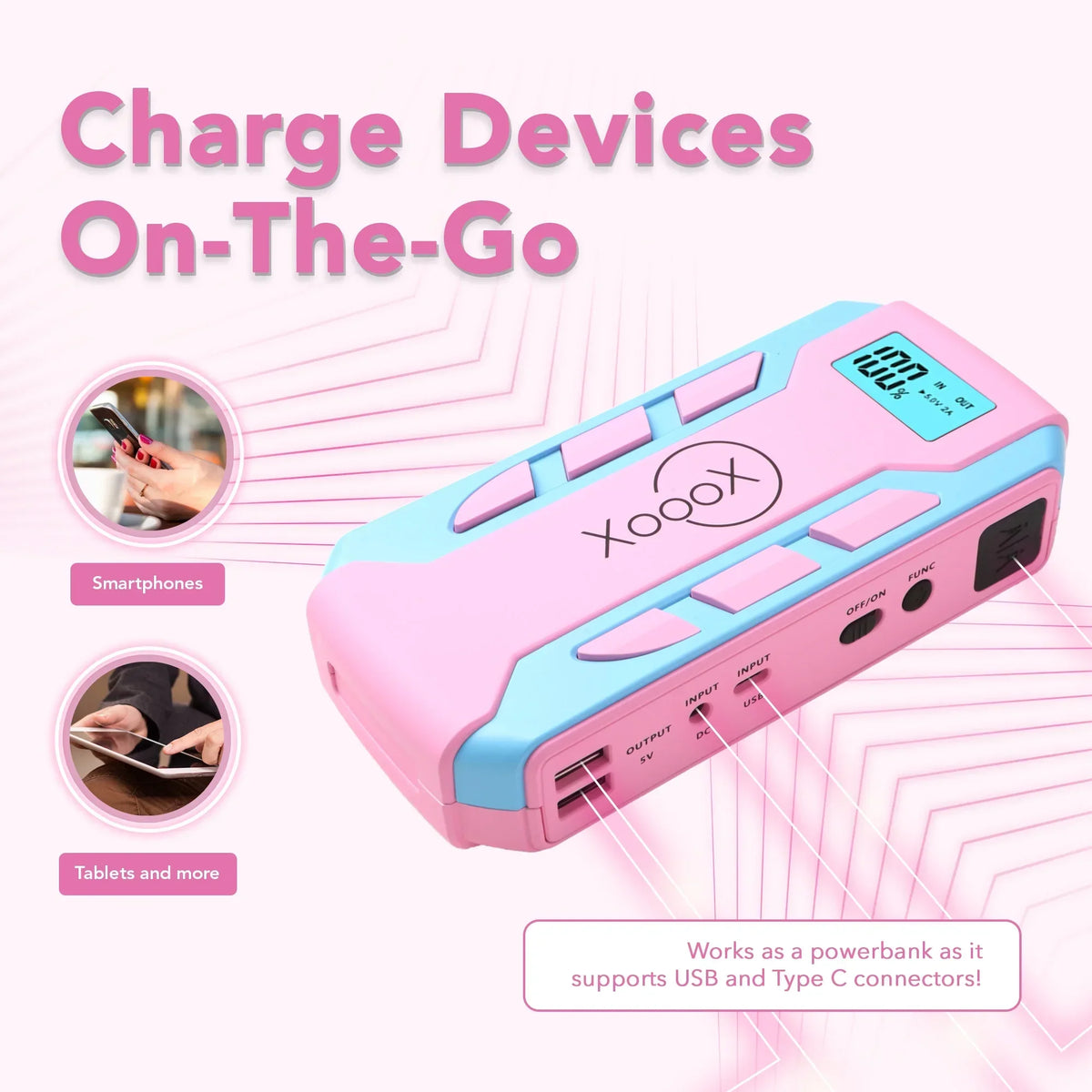 Nouveauté 2026 – Kit de démarrage de batterie portable XoooX rose avec câbles de démarrage, lampe LED et étui ; batterie de démarrage 12 V ; chargeur de batterie portable pour appareils USB/USB-C