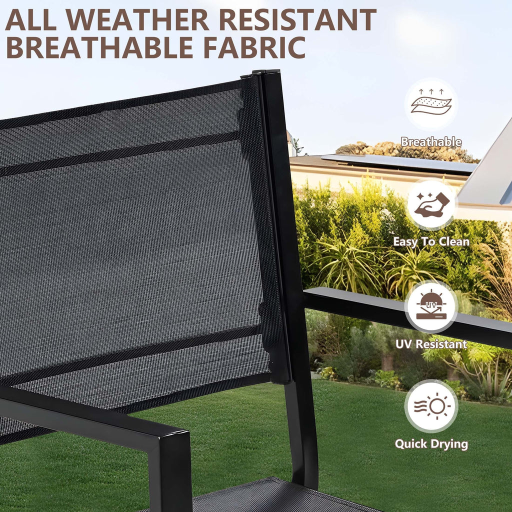 Nouveauté 2026 – Ensemble de salle à manger d'extérieur 7 pièces , comprenant une table et des chaises pour 6 personnes, un plateau en plastique imitation bois et un mobilier de jardin en textilène. Idéal pour terrasse ou patio