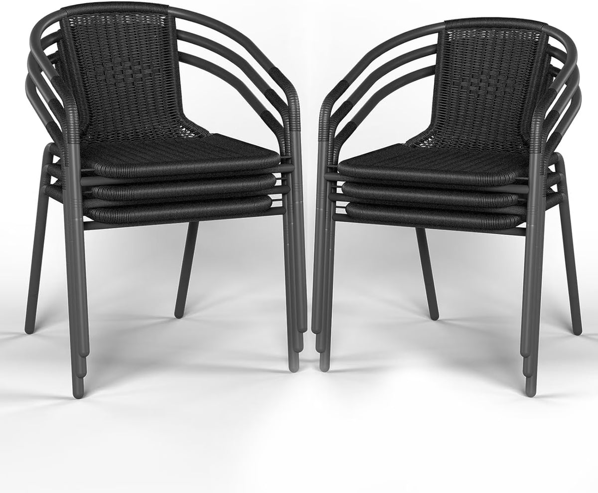 Nouveauté 2026 – Ensemble de 6 chaises de jardin ELPOSUN , chaises de patio en osier avec structure en métal, chaises empilables en rotin pour bistro, terrasse, jardin, porche, restaurant (noir