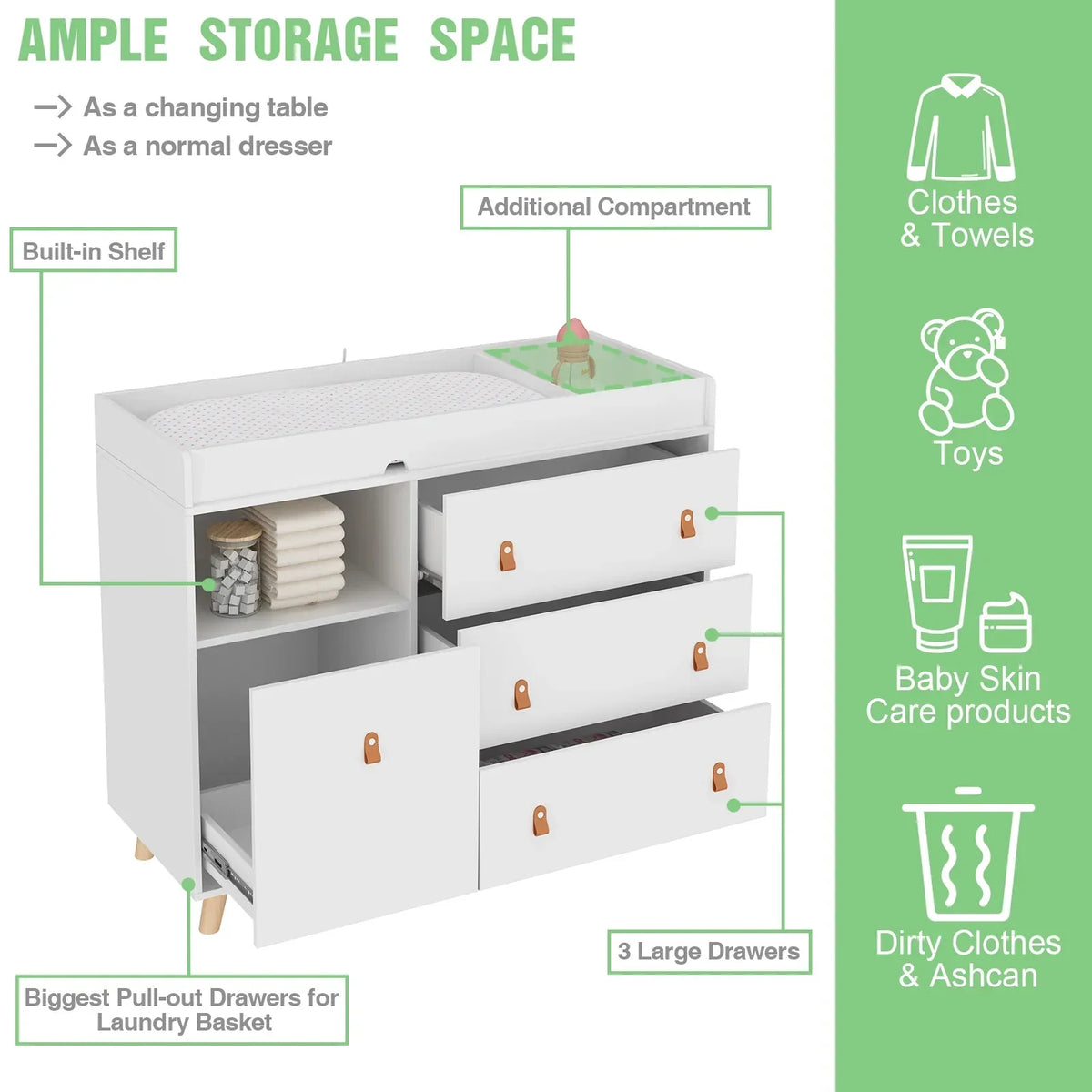 Nouveauté 2026 – Table à langer/commode pour chambre de bébé OXYLIFE , 114 cm (45 po), avec 4 tiroirs et une étagère, blanche