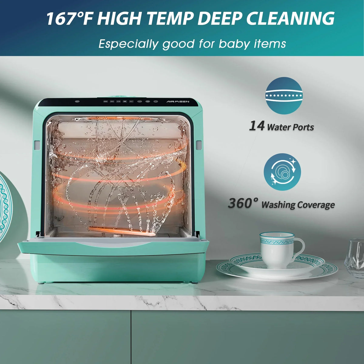 Nouveauté 2026 – Lave-vaisselle portable de comptoir AIRMSEN avec réservoir d'eau intégré de 5 litres et fonction de séchage à l'air, 5 programmes de lavage, mini lave-vaisselle, AE-TDQR03