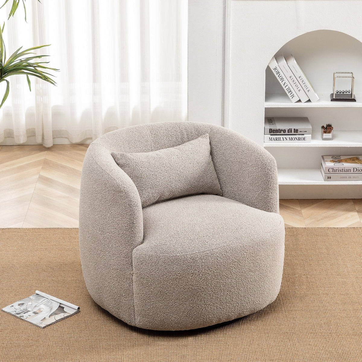 Nouveauté 2026 – Fauteuil pivotant rond 34" en bouclette de 86 cm de large, sans assemblage, avec coussin décoratif, idéal pour le salon et la chambre, couleur taupe