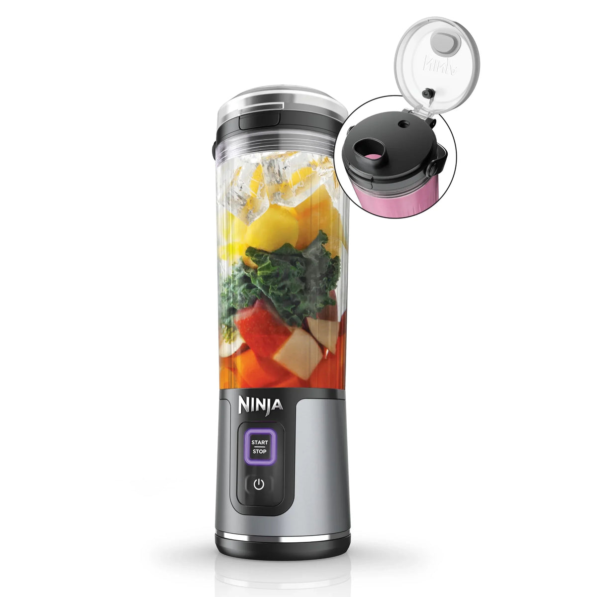 Nouveauté 2026 – Blender portable Ninja Blast , sans fil, bol de 532 ml (18 oz), blender individuel pour milkshakes et smoothies, sans BPA, couvercle étanche et bec verseur, rechargeable par USB-C, pièces compatibles lave-vaisselle, violet métallisé