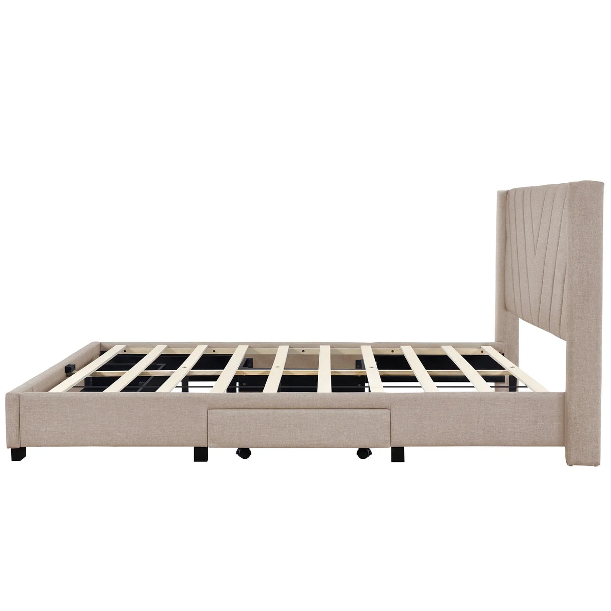 Nouveauté 2026 – Cadre de lit Queen Sesslife avec rangement, nouveau lit plateforme rembourré en lin amélioré avec 3 tiroirs, lit de rangement Queen avec tête de lit et lattes en bois, aucun sommier requis, supporte 227 kg, beige