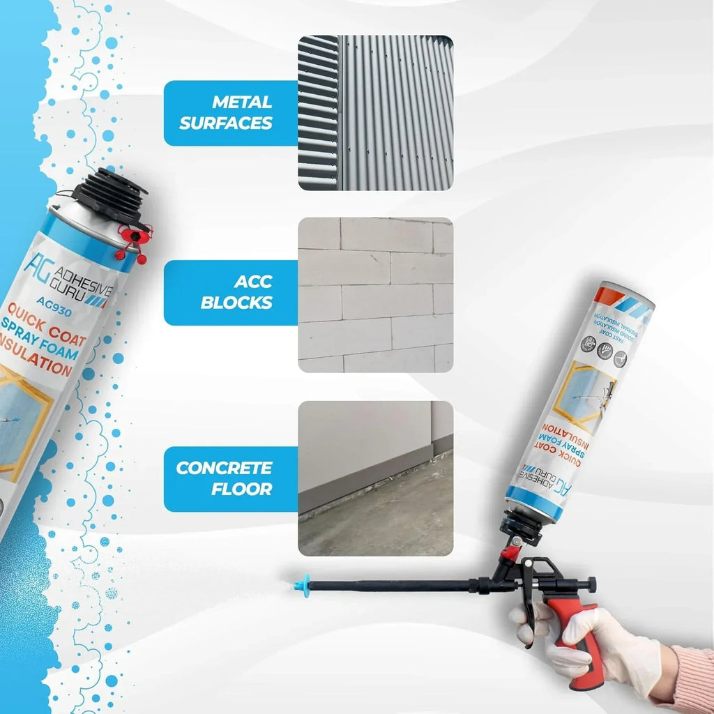 Nouveauté 2026 – Kit d'isolation en mousse expansive Adhesive Guru (18 x 930 g - 360 pieds-planche), mousse adhésive auto-expansible, isolation thermique et acoustique à cellules fermées, avec nettoyant et pistolet applicateur - paquet de 18