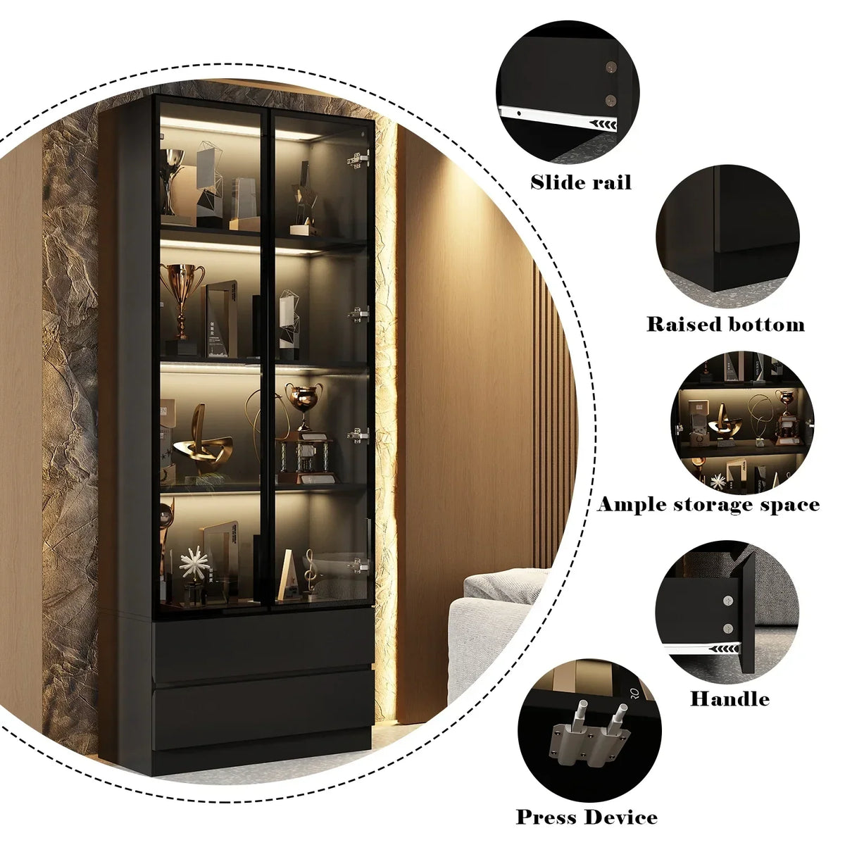 Nouveauté 2026 – Bibliothèque/organisateur KULAGAGA avec éclairage LED, vitrine robuste avec porte vitrée pour salon, 80 cm de large