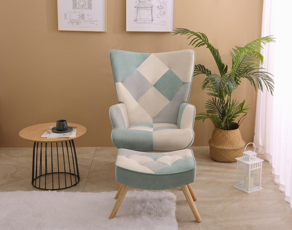 Nouveauté 2026 – Fauteuil d'appoint moderne avec pieds en bois massif et dossier haut à oreilles, ensemble de fauteuil avec repose-pieds, fauteuil confortable pour salon, salle de lecture, chambre, patchwork coloré