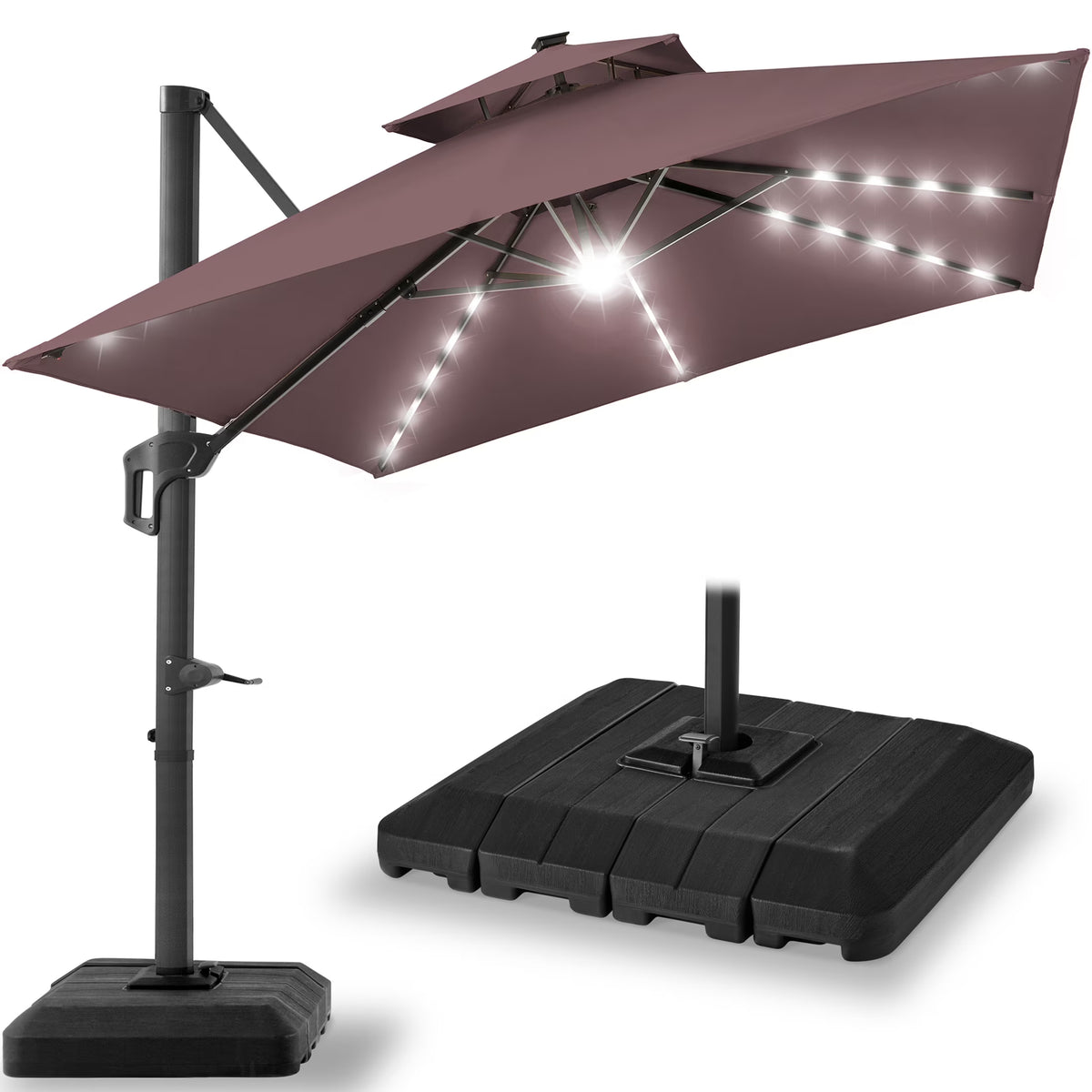 Nouveauté 2026 – Parasol de terrasse carré déporté à deux niveaux, 3 x 3 m, à éclairage solaire LED, avec base incluse (Best Choice Products, ) - Beige
