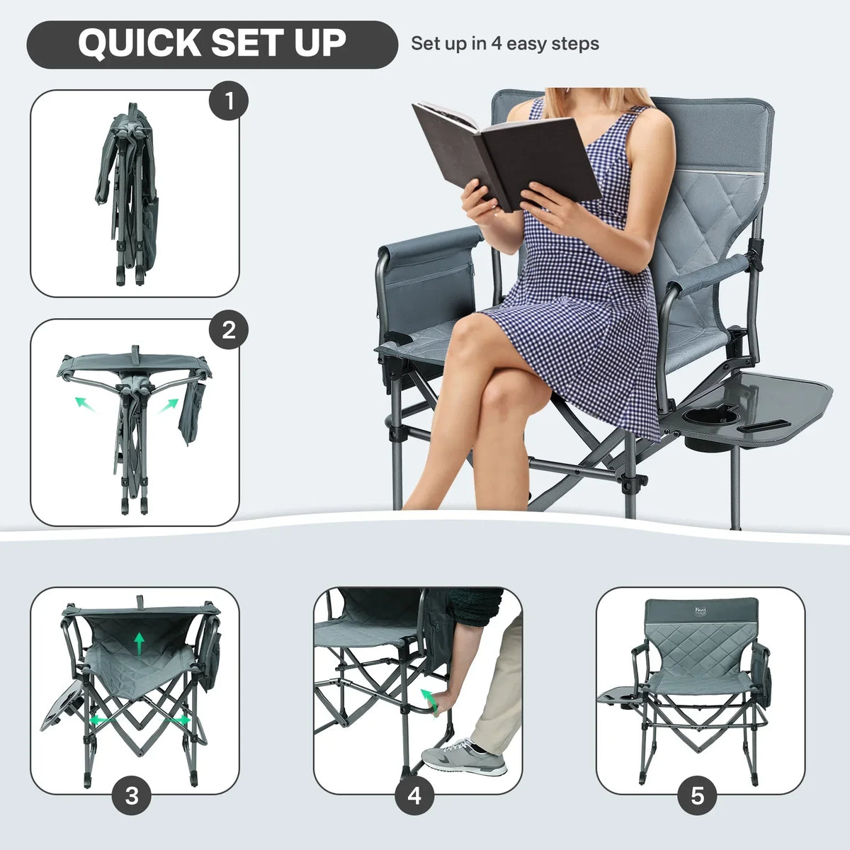 Nouveauté 2026 – Chaise de réalisateur portable TIMBER RIDGE , chaise de camping pliante robuste et compacte avec poche latérale et tablette latérale, supporte jusqu'à 181 kg, grise