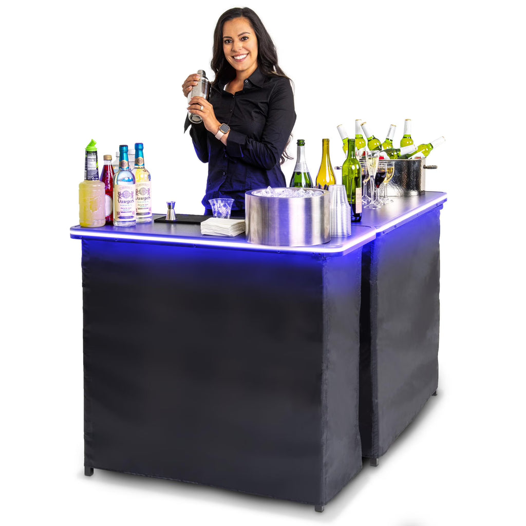 Nouveauté 2026 – Ensemble table de bar double portable GoBar avec lumières LED multicolores - Station de bar mobile pour événements - Étui de transport inclus