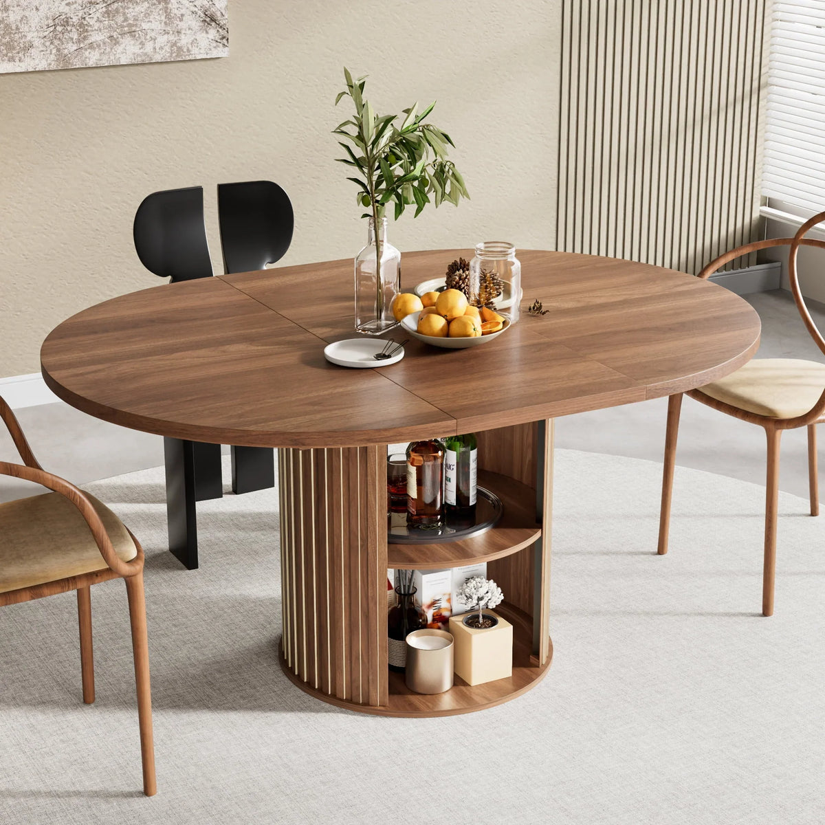 Nouveauté 2026 – Table de salle à manger extensible pour 4 à 6 personnes, table de cuisine ronde avec étagère de rangement, tables de salle à manger ovales pour salon (noyer