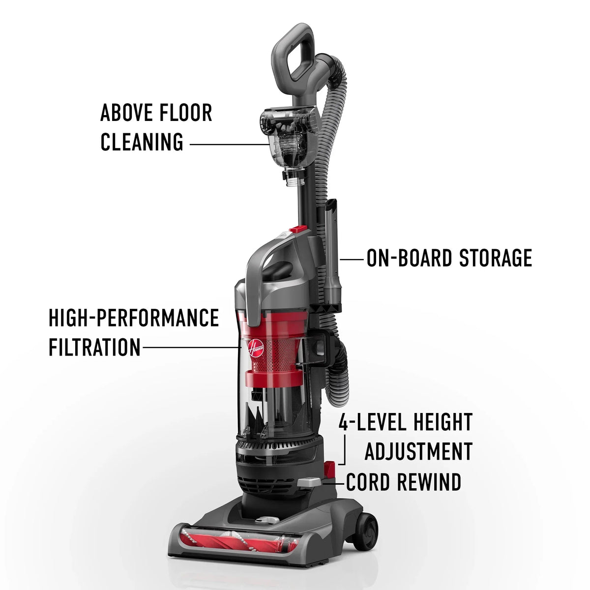 Nouveauté 2026 – Aspirateur vertical sans sac Hoover Rewind Pet , idéal pour les animaux, avec enrouleur de cordon automatique, pour le nettoyage de toutes les surfaces et des pièces en hauteur, UH77410V, gris et rouge
