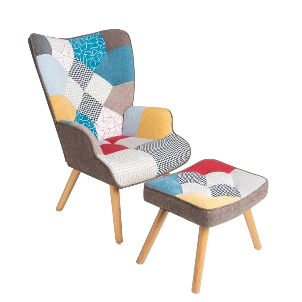 Nouveauté 2026 – Fauteuil d'appoint moderne avec pieds en bois massif et dossier haut à oreilles, ensemble de fauteuil avec repose-pieds, fauteuil confortable pour salon, salle de lecture, chambre, patchwork coloré