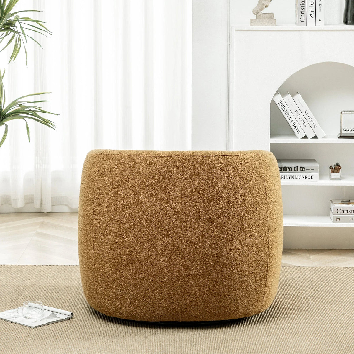 Nouveauté 2026 – Fauteuil pivotant rond 34" en bouclette de 86 cm de large, sans assemblage, avec coussin décoratif, idéal pour le salon et la chambre, couleur taupe