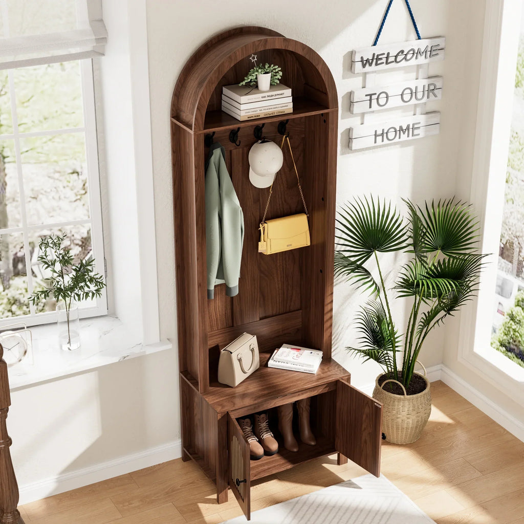 Nouveauté 2026 – Meuble d'entrée LUCKYELF avec rangement pour chaussures, banc d'entrée avec 4 crochets et 2 portes, armoire porte-manteaux en forme d'arche pour couloir