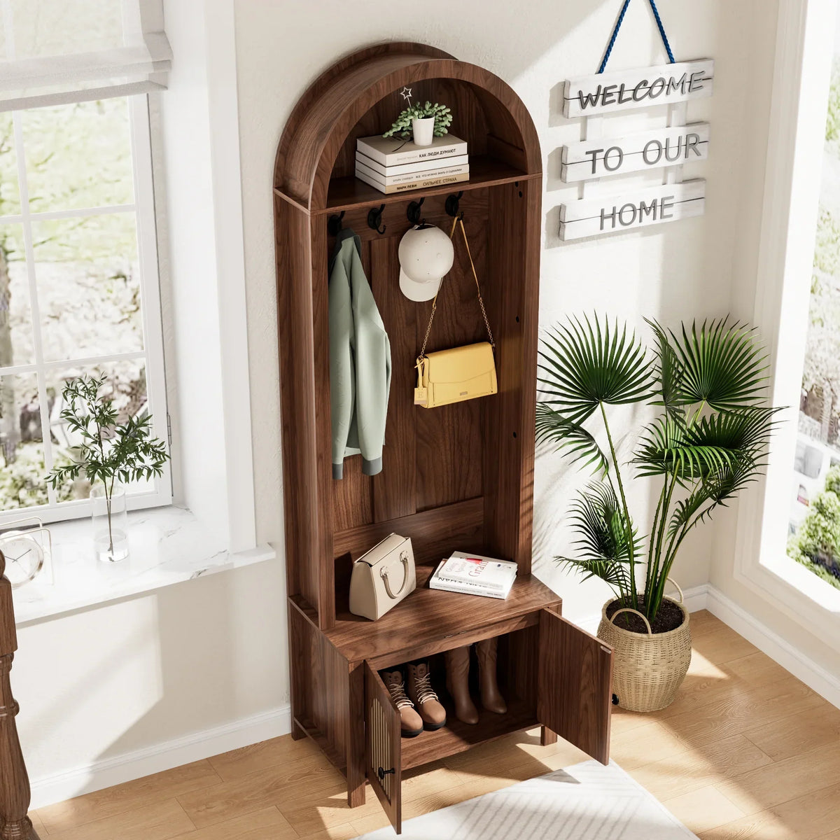 Nouveauté 2026 – Meuble d'entrée LUCKYELF avec rangement pour chaussures, banc d'entrée avec 4 crochets et 2 portes, armoire porte-manteaux en forme d'arche pour couloir