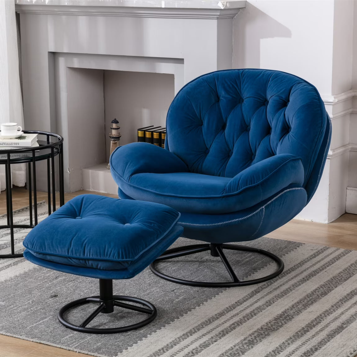 Nouveauté 2026 – Fauteuil pivotant Velvet avec repose-pieds, chaise longue moderne avec structure en métal, fauteuil de lecture confortable pour salon, chambre ou bureau, bleu