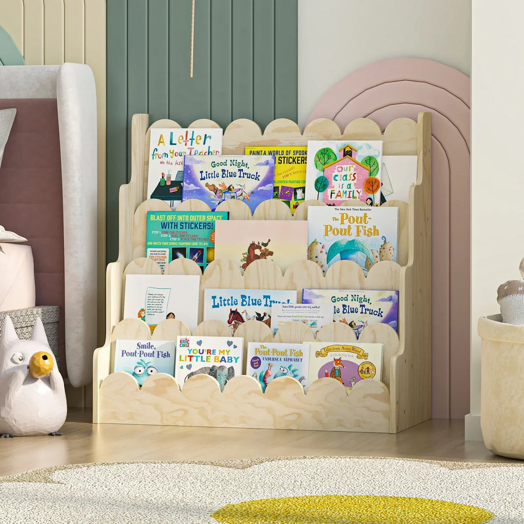 Nouveauté 2026 – Étagère Montessori en bois pour enfants - Présentoir à livres festonné à 4 niveaux, rangement pour livres et jouets de bébé/tout-petit, rangement mixte pour salle de jeux ou classe
