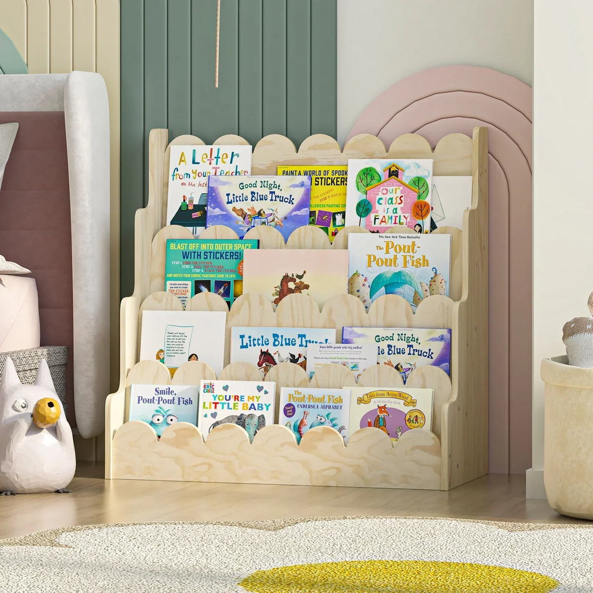 Nouveauté 2026 – Étagère Montessori en bois pour enfants - Présentoir à livres festonné à 4 niveaux, rangement pour livres et jouets de bébé/tout-petit, rangement mixte pour salle de jeux ou classe