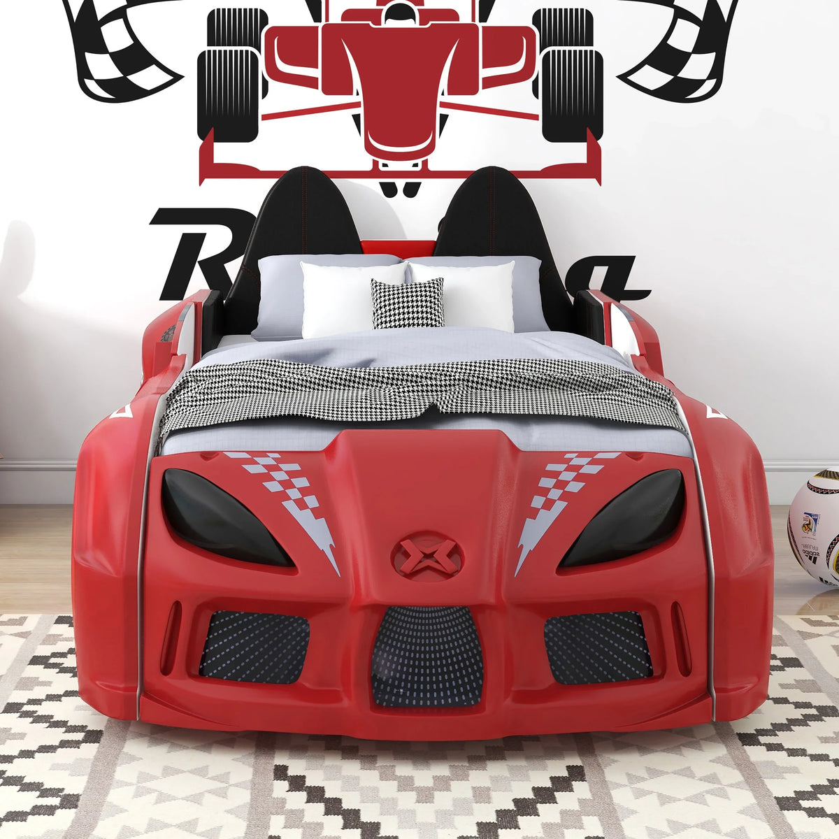 Nouveauté 2026 – Lit double en plastique pour enfants Dash Kids, motif voiture de course, avec LED et son, blanc, Furniture of America