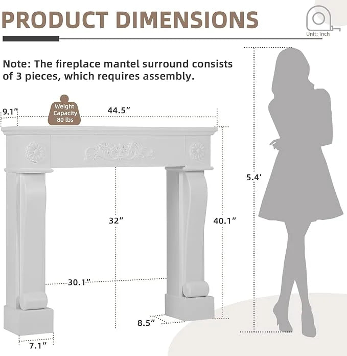 Nouveauté 2026 – Manteau de cheminée EPICOZY 44,5" , sur pied, pour cheminées électriques, en MDF avec étagère, motif décoratif, anti-basculement et imperméable
