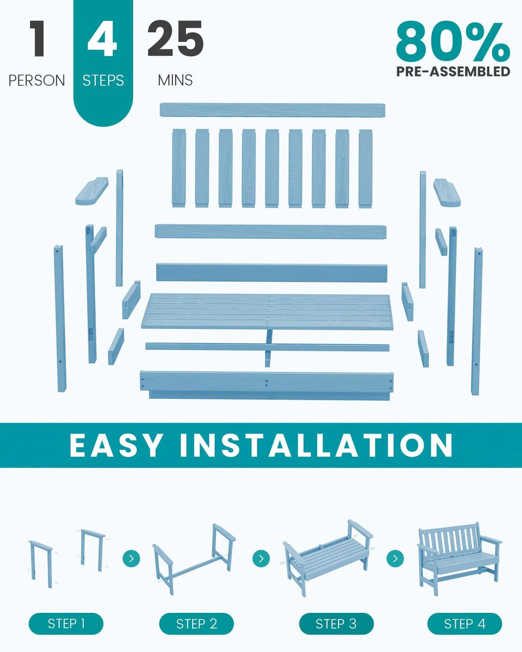 Nouveauté 2026 – Banc d'extérieur SERWALL pour 2 personnes, en PEHD résistant aux intempéries avec renforts en aluminium, supporte jusqu'à 300 kg, confortable pour terrasse, jardin et véranda, noir