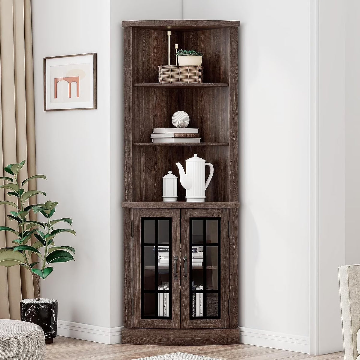 Nouveauté 2026 – Meuble d'angle incurvé Merluxy , bibliothèque en bois de 165 cm avec 3 étagères, blanc vieilli