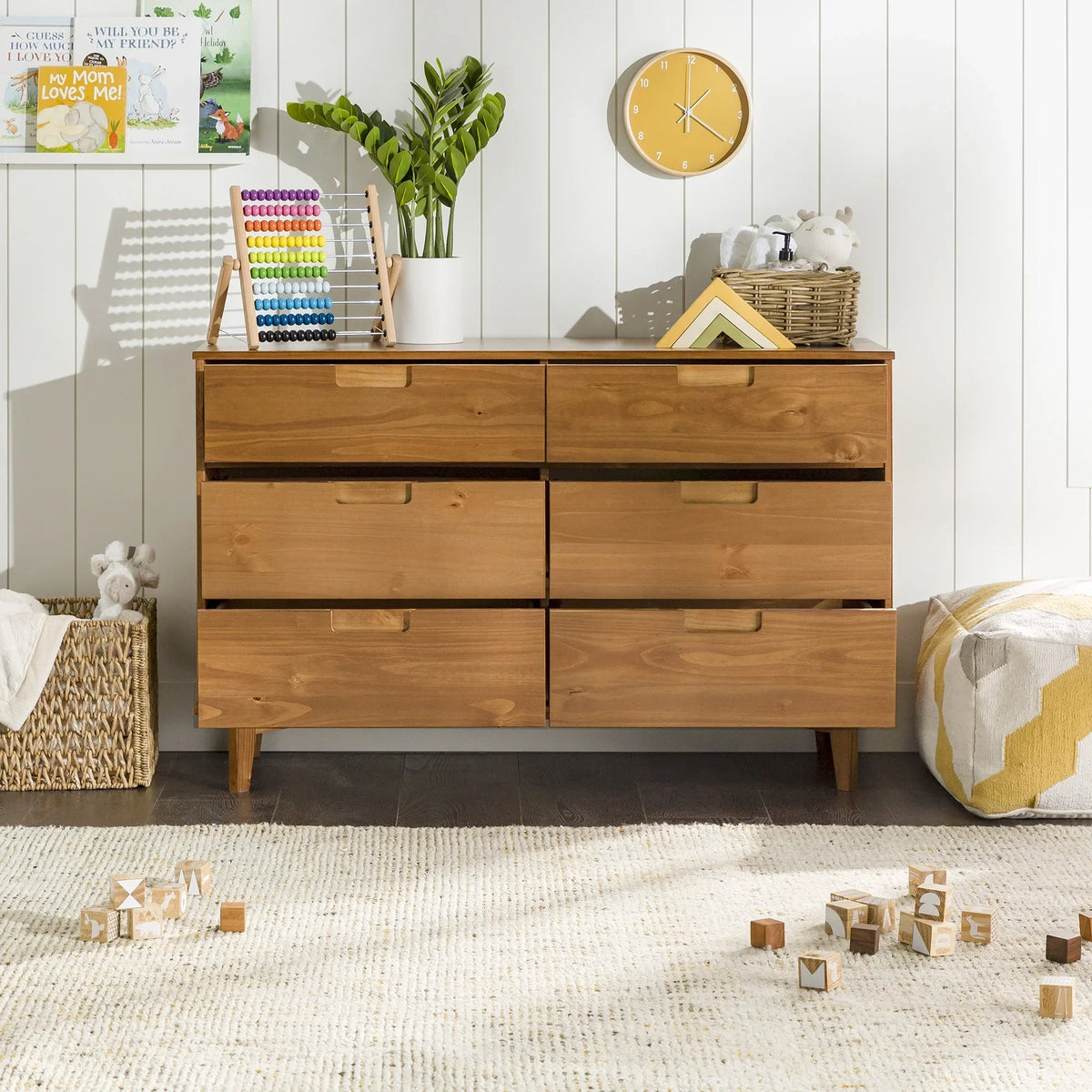 Nouveauté 2026 – Commode Walker Edison Sonoma 6 tiroirs en bois massif couleur caramel