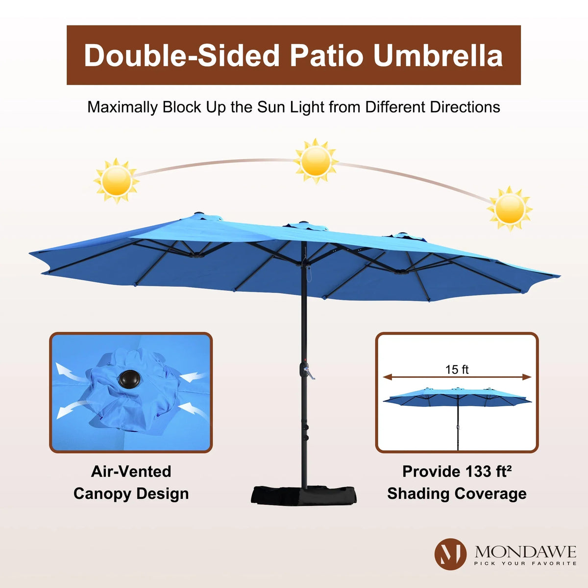 Nouveauté 2026 – Parasol rectangulaire Mondawe 4,57 m (15 pi) avec base et éclairage LED beige